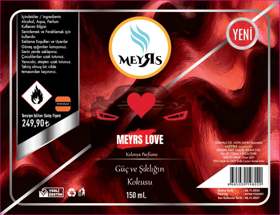 MEYRS 150 ml Parfümlü Kolonya – LOVE – Uzun Kalıcılık – Renkli Şişe