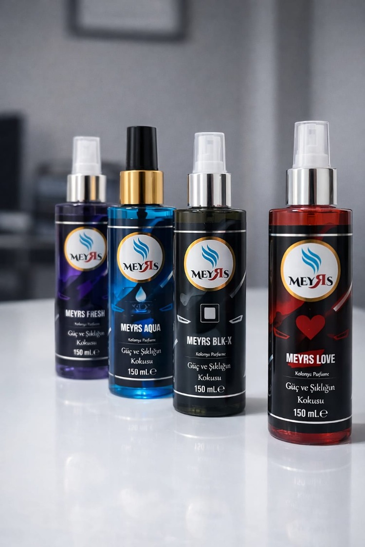MEYRS 4’lü Parfümlü Kolonya Seti 150 ml – Aqua / Passion / Love / Black – Kalıcı Koku