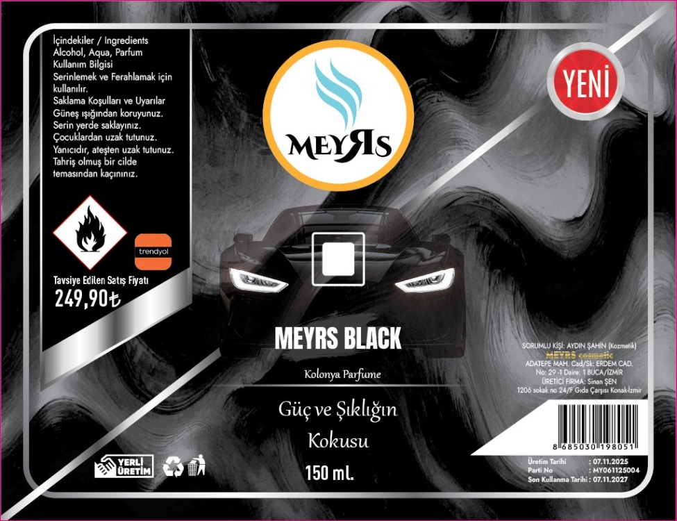 MEYRS 150 ml Parfümlü Kolonya – BLACK – Uzun Kalıcılık – Renkli Şişe