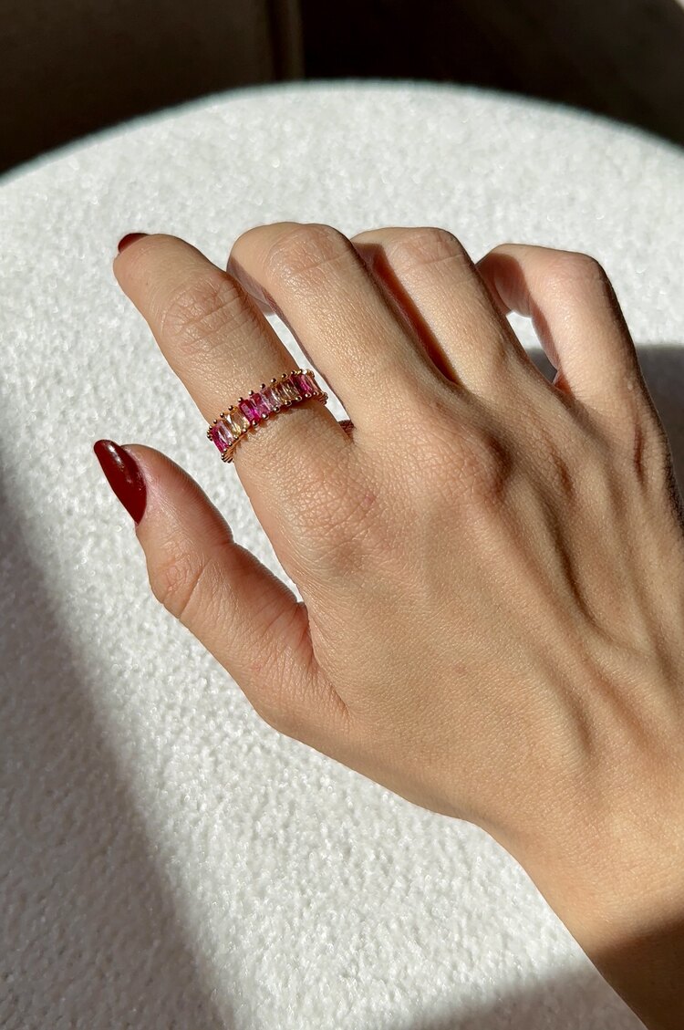 Pembe zirkon taşlı ayarlanabilir Pandora model yüzük