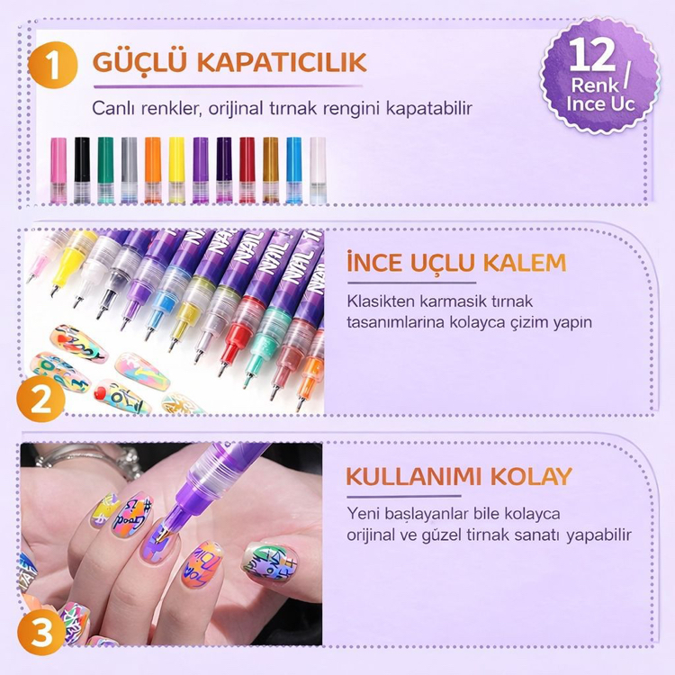 12’li Nail Art Kalemi Seti – İnce Uç