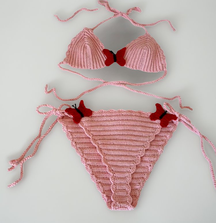  El Örgüsü Kelebek Detaylı Crochet Bikini Takımı - Pembe