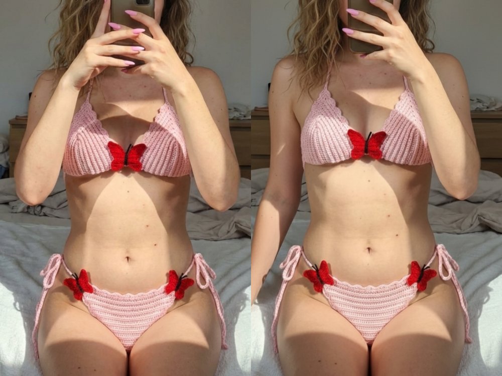  El Örgüsü Kelebek Detaylı Crochet Bikini Takımı - Pembe