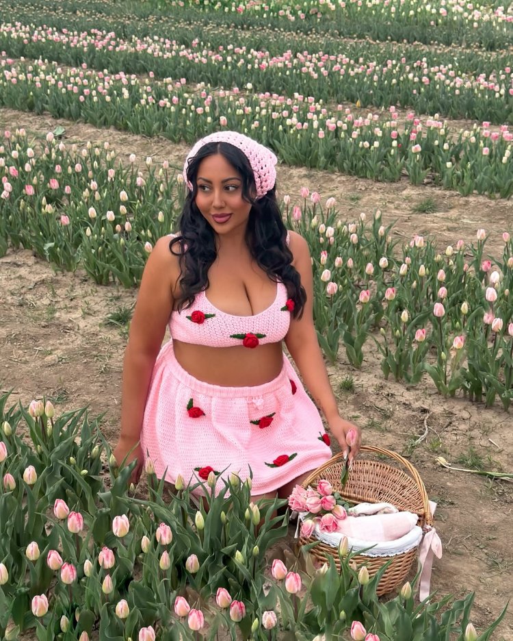3D Güllü Pembe Örgü Crop ve Mini Etek Takım & Yazlık Bandana Seti