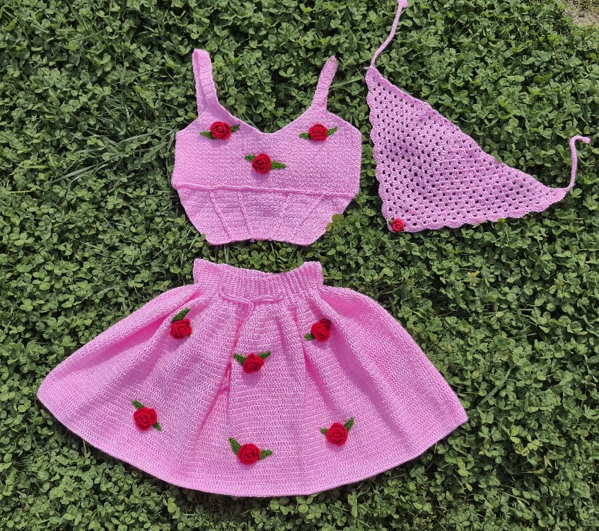Rosie Set | 3D Güllü Korse, Etek & Bandana Takım