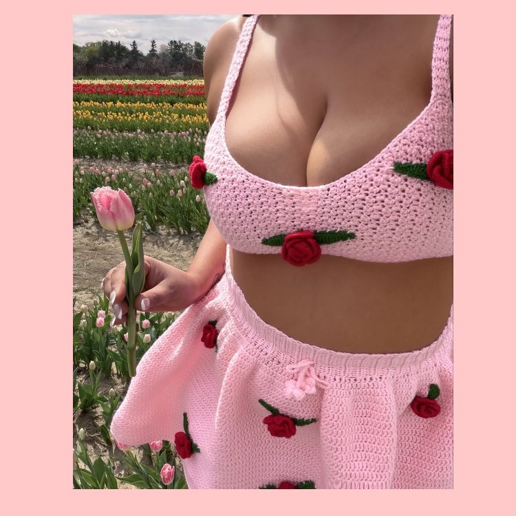 3D Güllü Pembe Örgü Crop ve Mini Etek Takım & Yazlık Bandana Seti