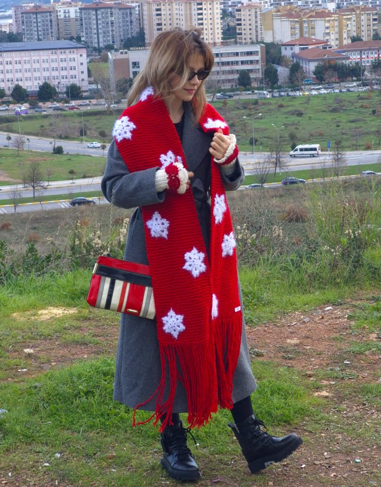 El Örgüsü Işıltılı Kar Taneli Oversize Atkı & Vintage Romantik Parmaksız Eldiven Takımı