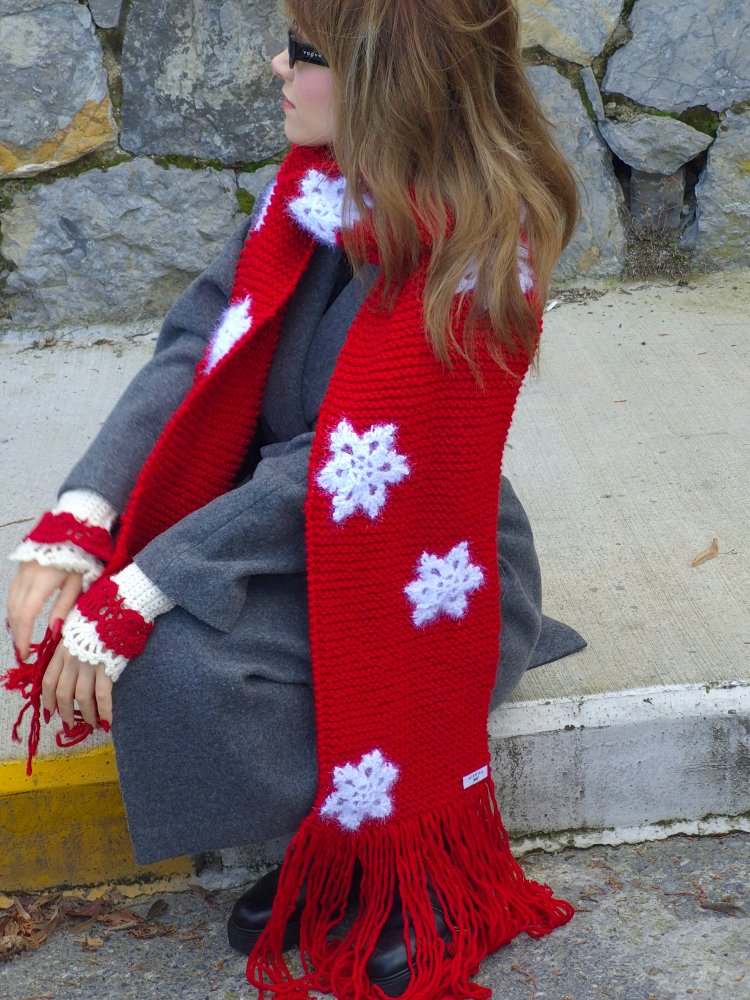 El Örgüsü Işıltılı Kar Taneli Oversize Atkı & Vintage Romantik Parmaksız Eldiven Takımı