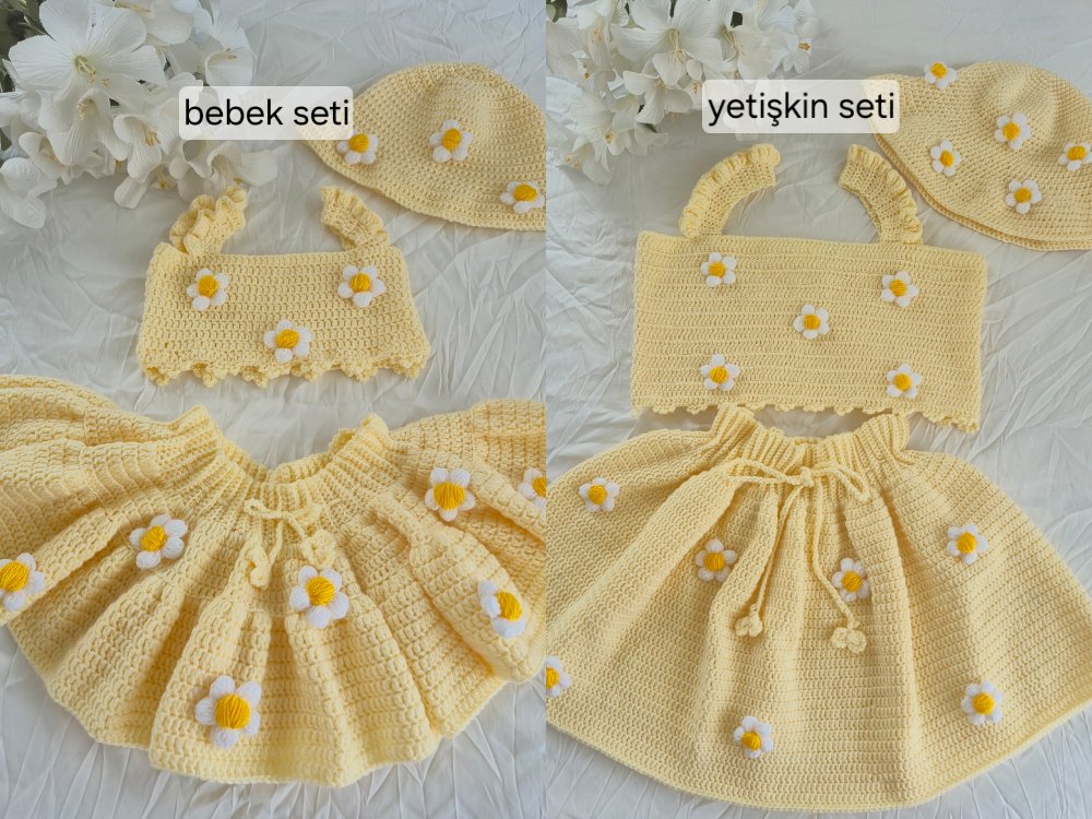 Anne - Kız Tığ İşi Set Crop-Etek-Sapka