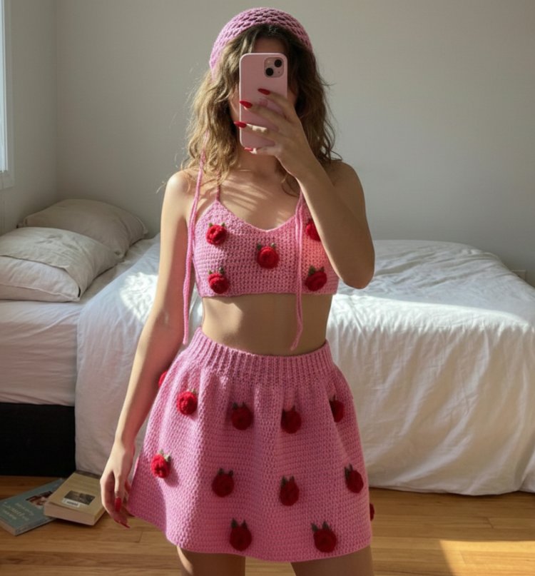 3D Güllü Pembe Örgü Crop ve Mini Etek Takım & File Yazlık Şapka Seti