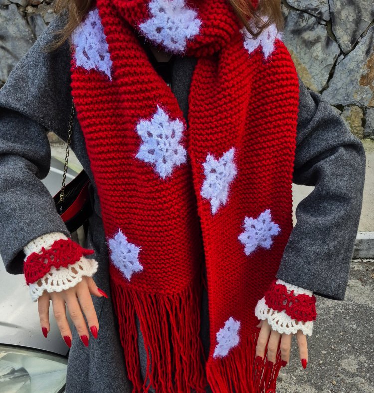 El Örgüsü Işıltılı Kar Taneli Oversize Atkı & Vintage Romantik Parmaksız Eldiven Takımı