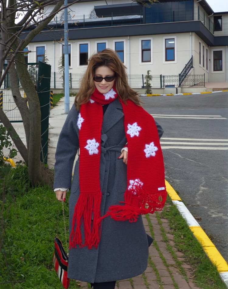 El Örgüsü Işıltılı Kar Taneli Oversize Atkı & Vintage Romantik Parmaksız Eldiven Takımı