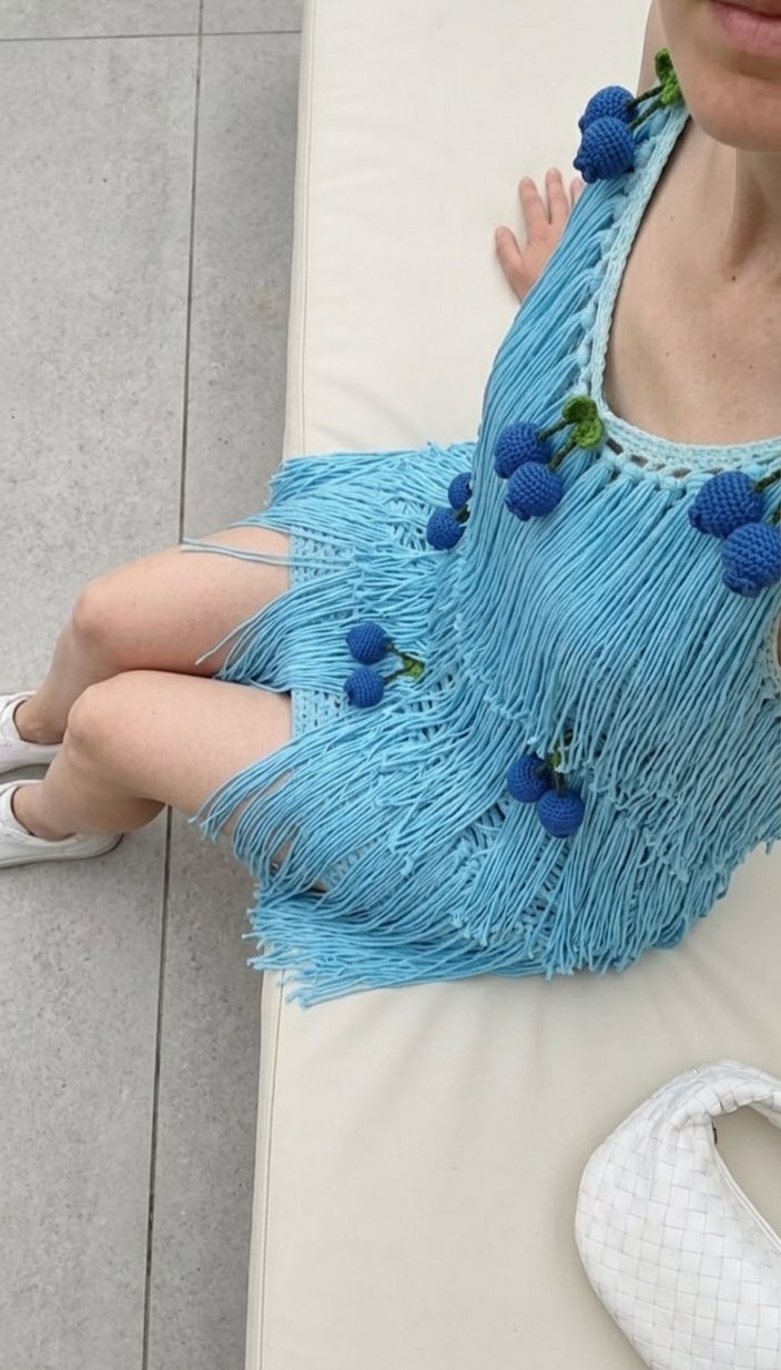 Kat Kat Püsküllü El Örgüsü Mini Elbise | 3D Meyve Detaylı