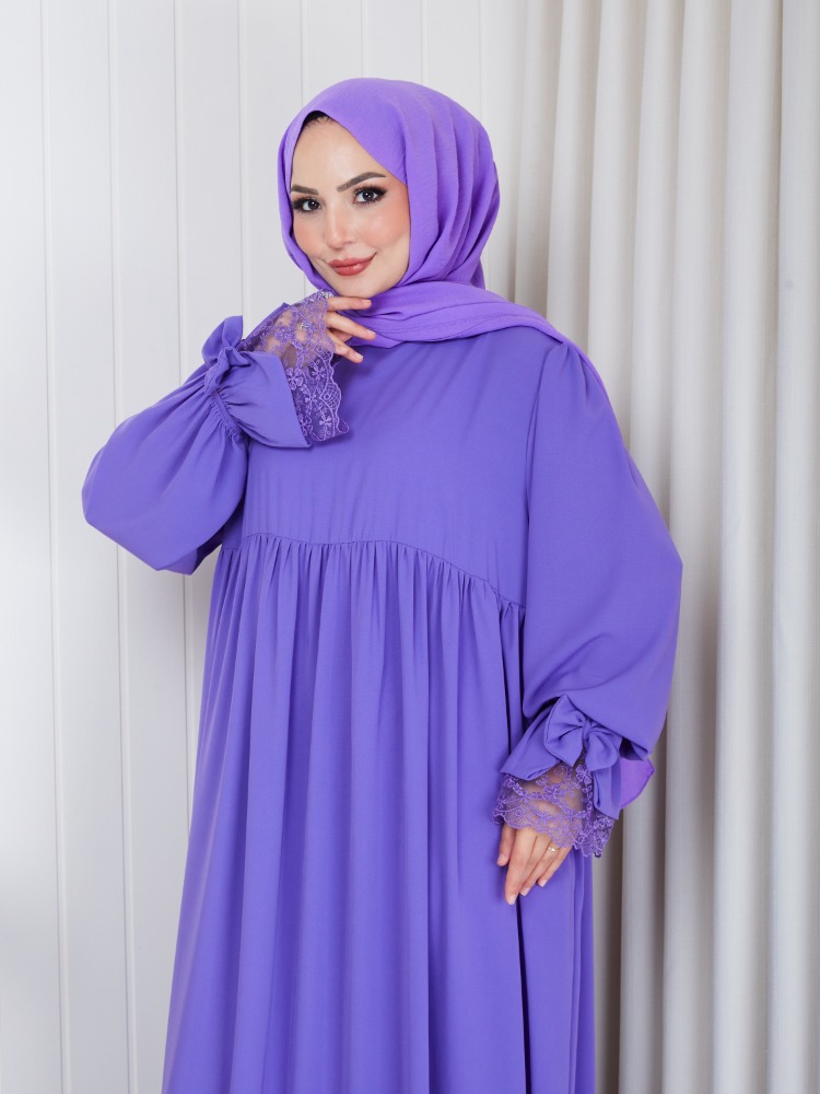 MEDİNE İPEĞİ KOLU DANTELLİ ELBİSE``LİLA