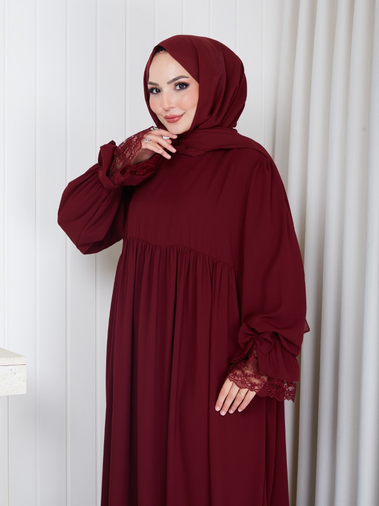 MEDİNE İPEĞİ KOLU DANTELLİ ELBİSE``BORDO