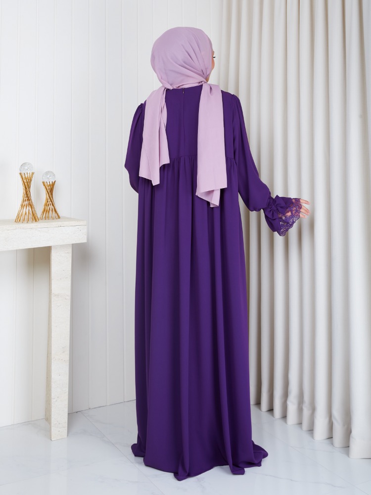 MEDİNE İPEĞİ KOLU DANTELLİ ELBİSE``MOR