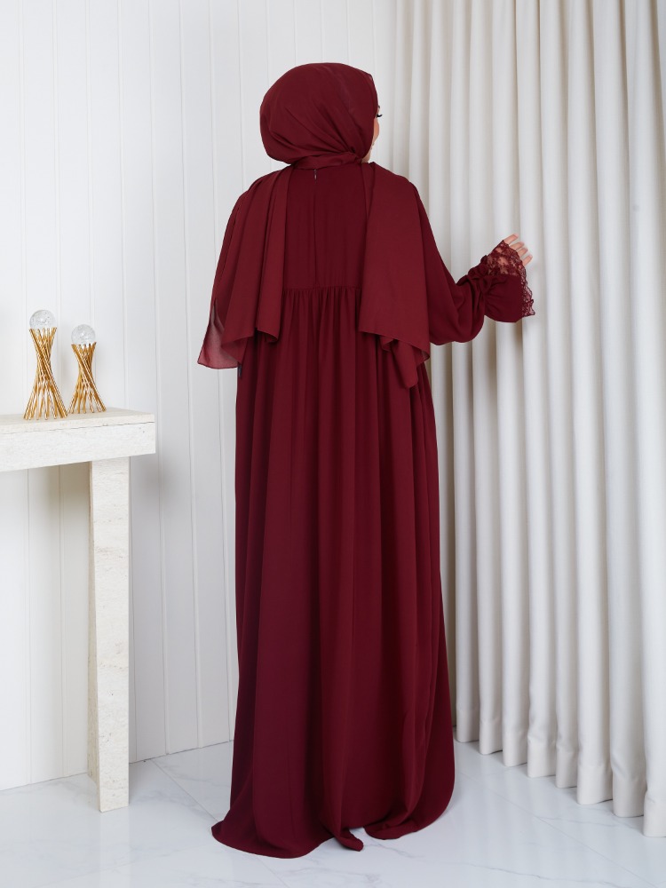 MEDİNE İPEĞİ KOLU DANTELLİ ELBİSE``BORDO