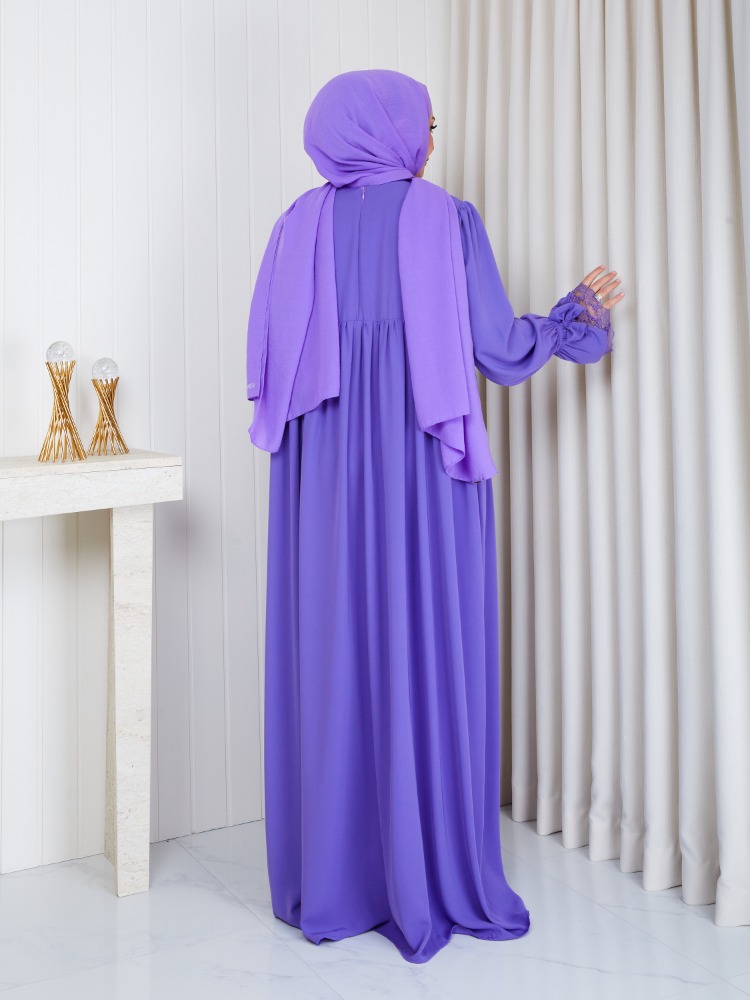 MEDİNE İPEĞİ KOLU DANTELLİ ELBİSE``LİLA