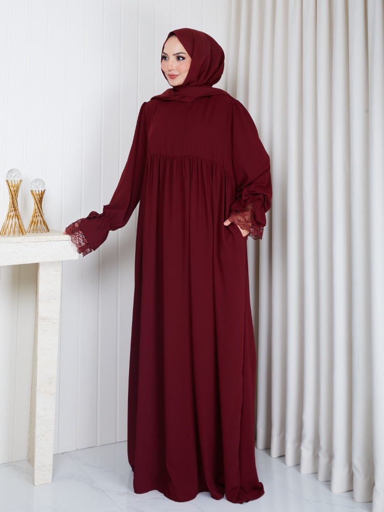 MEDİNE İPEĞİ KOLU DANTELLİ ELBİSE``BORDO