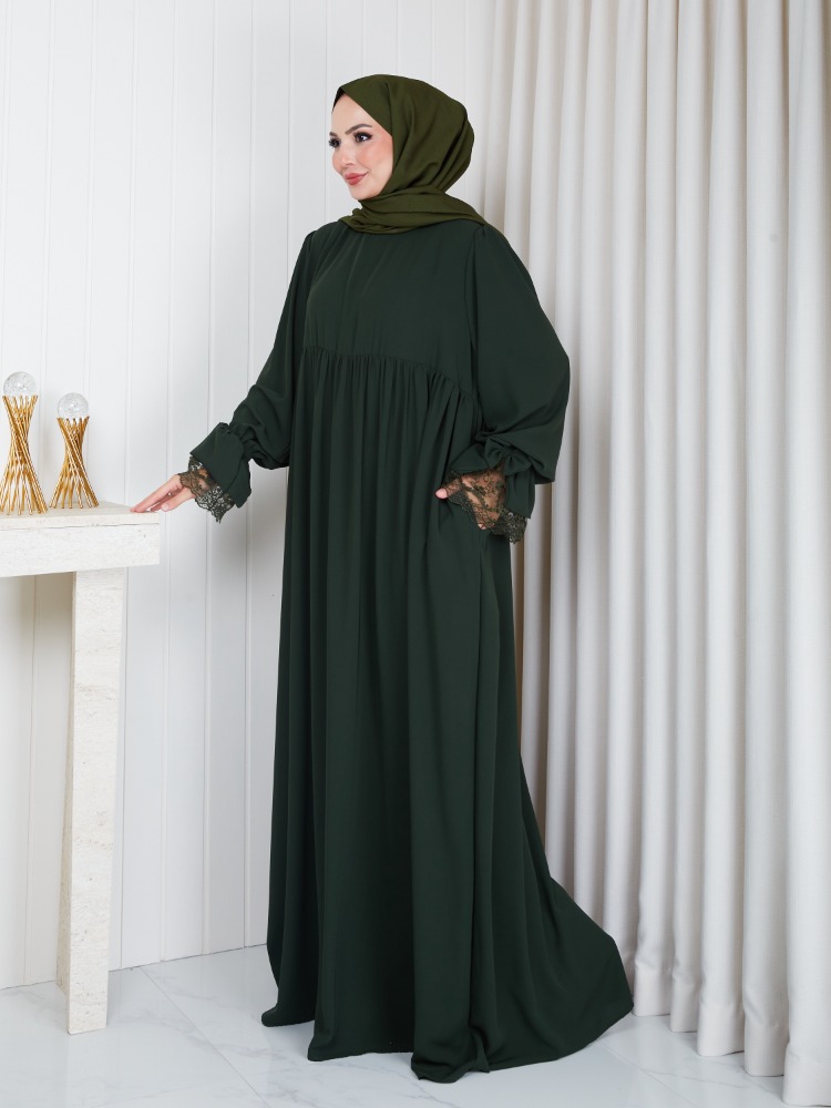MEDİNE İPEĞİ KOLU DANTELİ ELBİSE``HAKİ