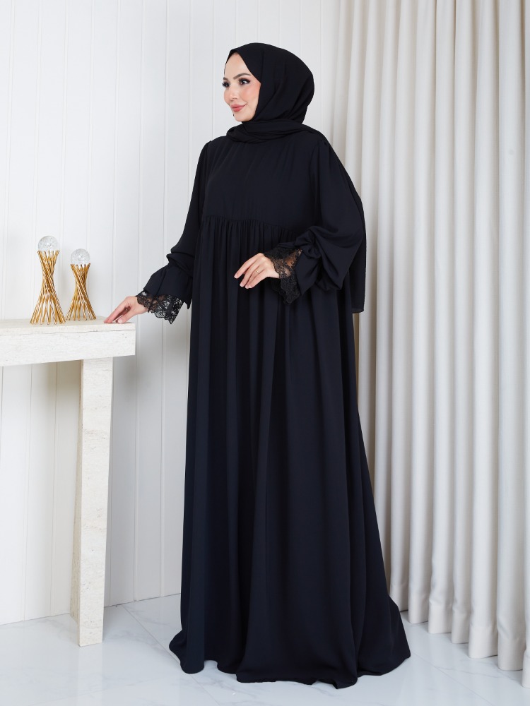 MEDİNE İPEĞİ KOLU DANTELLİ ELBİSE``SİYAH