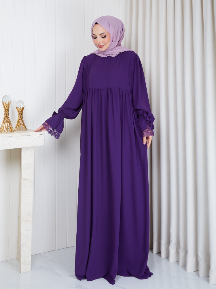MEDİNE İPEĞİ KOLU DANTELLİ ELBİSE``MOR