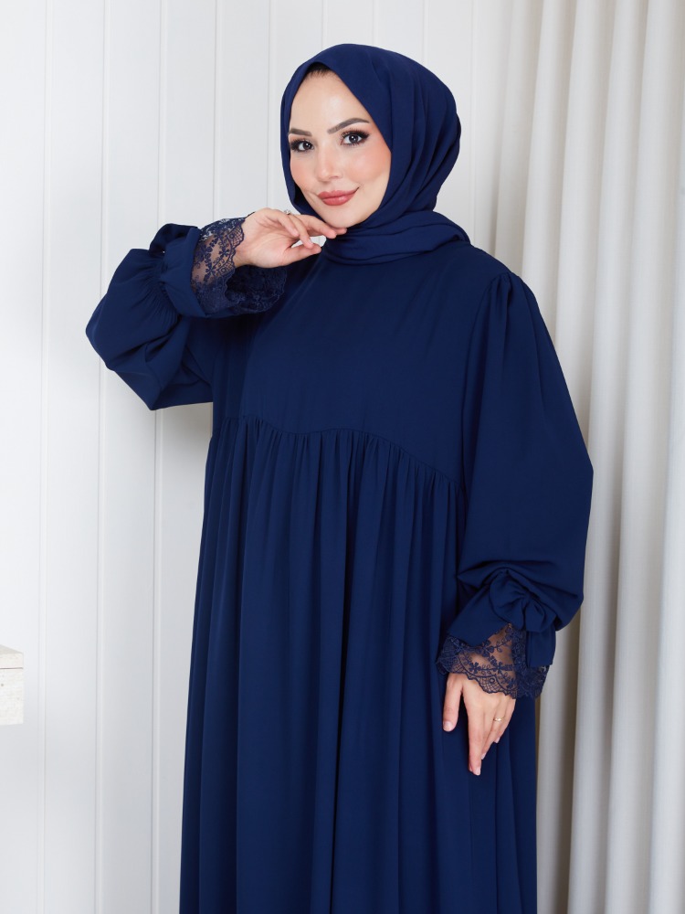MEDİNE İPEĞİ KOLU DANTELLİ ELBİSE``LACİVERT