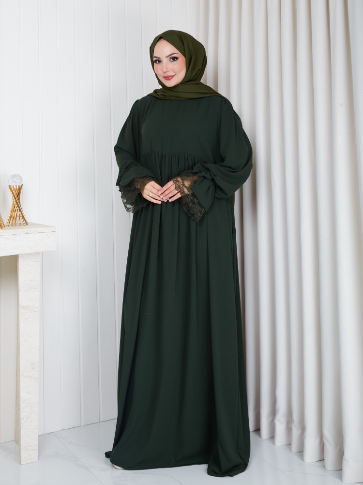 MEDİNE İPEĞİ KOLU DANTELİ ELBİSE``HAKİ