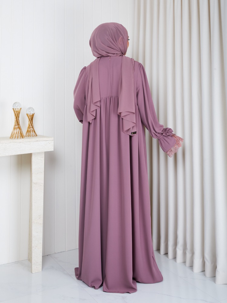 MEDİNE İPEĞİ KOLU DANTELLİ ELBİSE``GÜL KURUSU