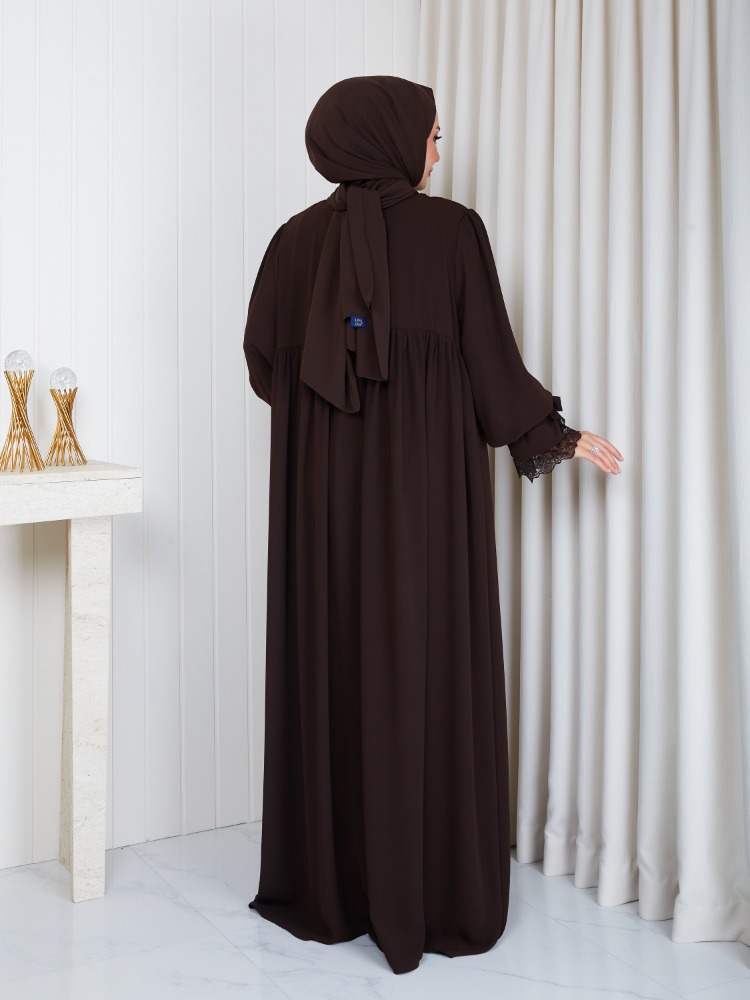 MEDİNE İPEĞİ KOLU DANTELLİ ELBİSE``ACI KAHVE