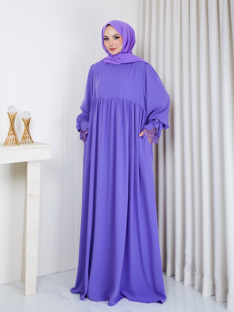 MEDİNE İPEĞİ KOLU DANTELLİ ELBİSE``LİLA