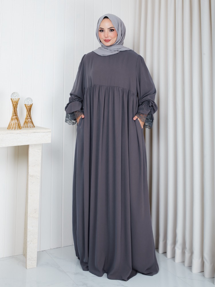 MEDİNE İPEĞİ KOLU DANTELLİ ELBİSE``FÜME