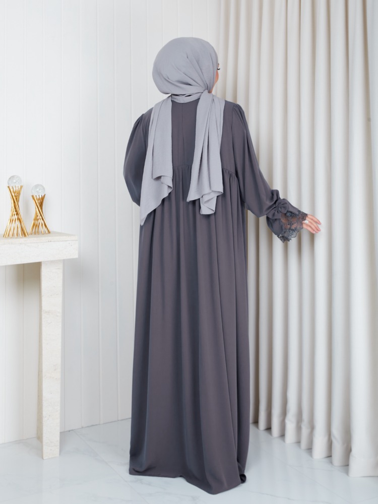 MEDİNE İPEĞİ KOLU DANTELLİ ELBİSE``FÜME