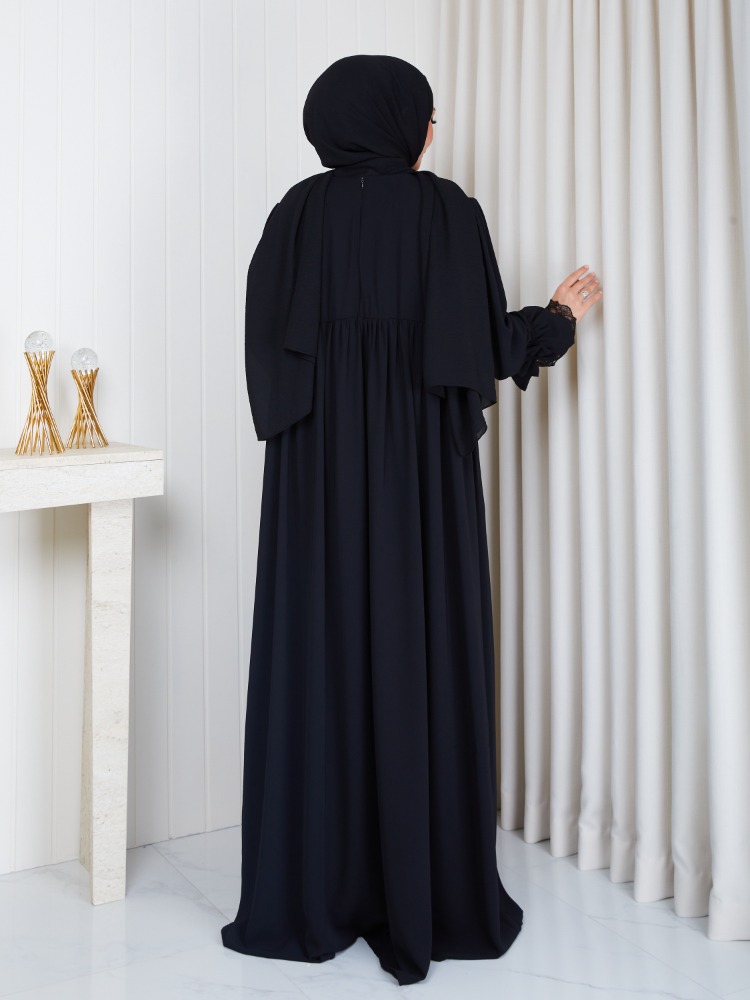 MEDİNE İPEĞİ KOLU DANTELLİ ELBİSE``SİYAH