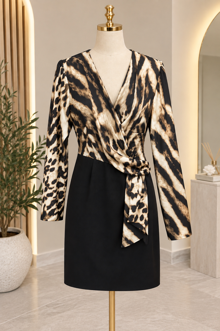 Leopar desenli kruvaze elbise 
