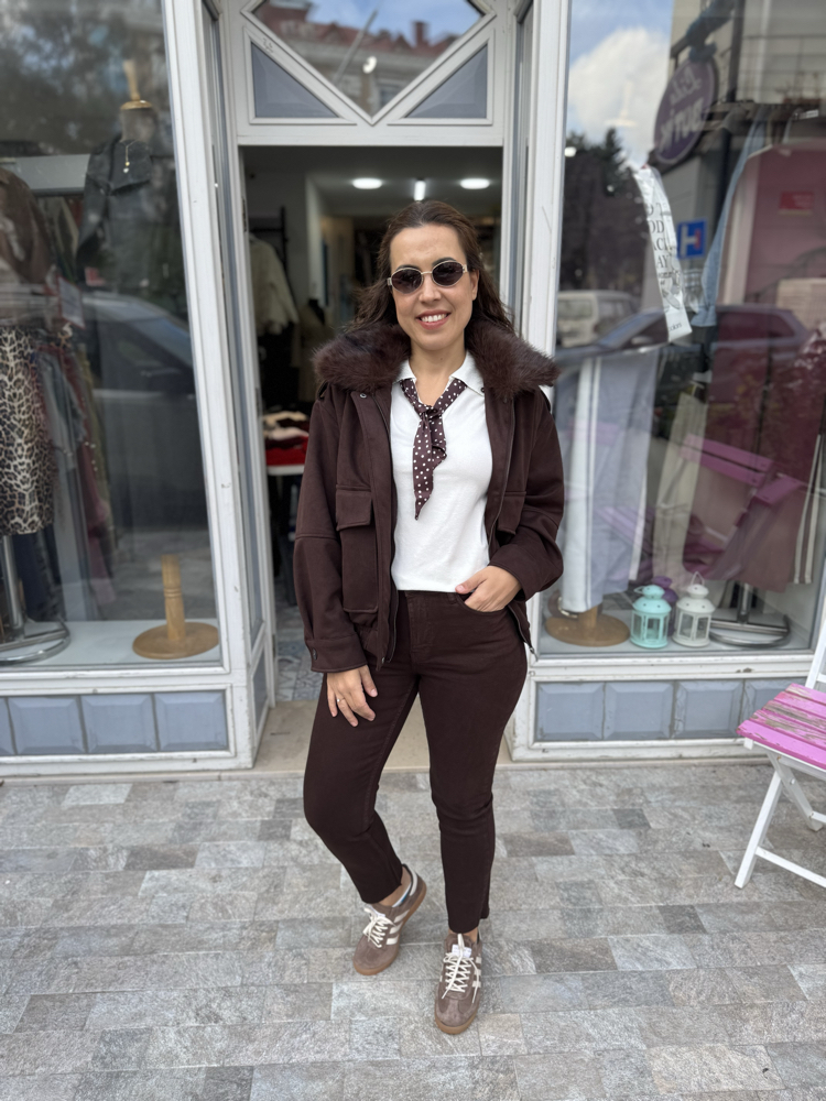 Yakası Kürklü Astarlı Nubuk Ceket