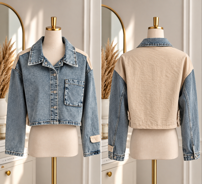İki renkli denim kısa kot ceket