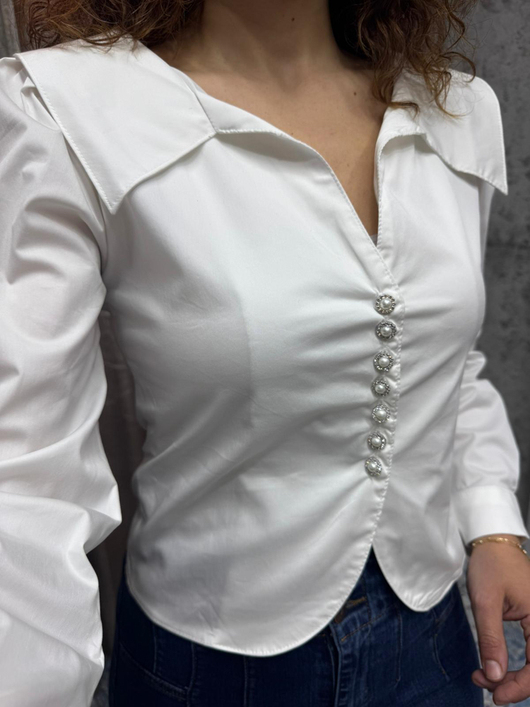 Taşlı düğme detaylı poplin kumaş gömlek