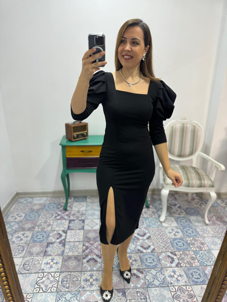 Kare yaka balon kol yırtmaçlı elbise