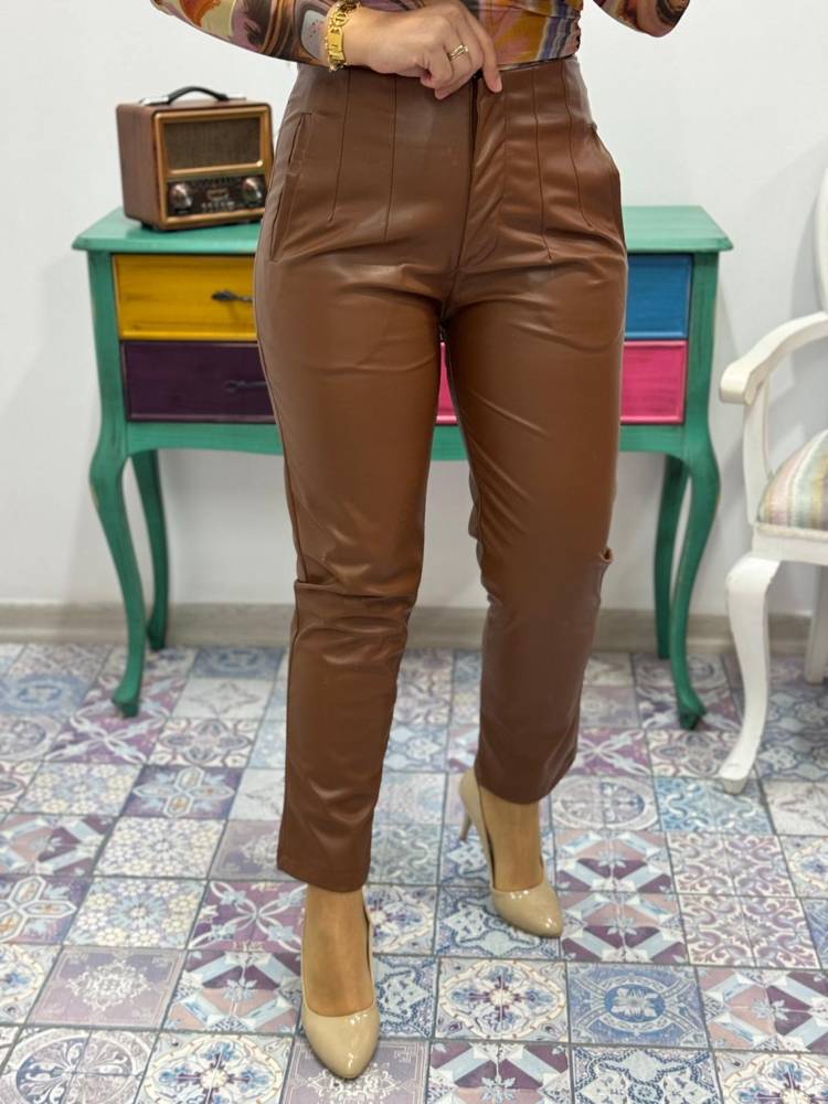 Yüksek bel önü flatolu deri pantolon 