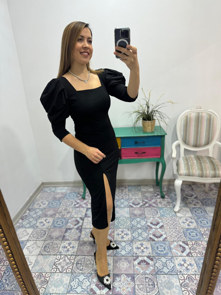 Kare yaka balon kol yırtmaçlı elbise