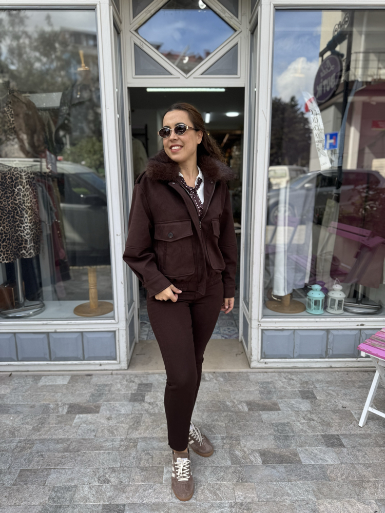 Yakası Kürklü Astarlı Nubuk Ceket