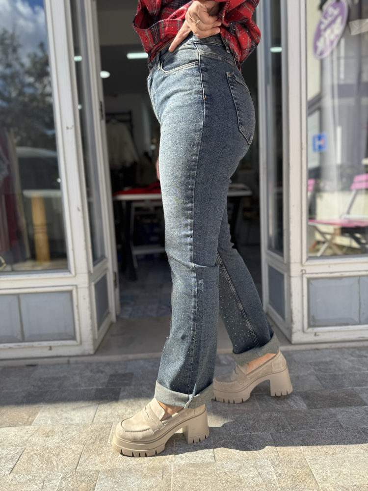 Taşlı Wide Leg Kot Pantolon
