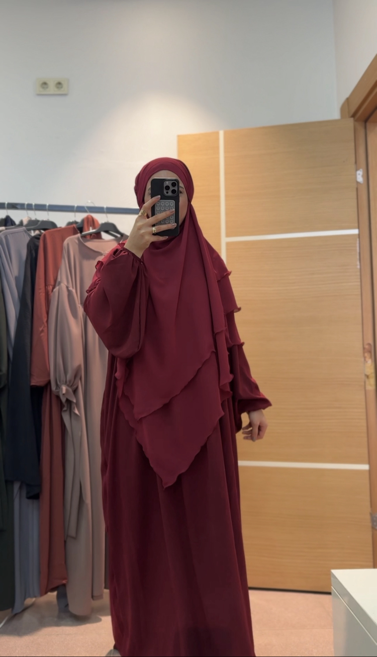 Açelya Elbise Uzun Sufle Bordo Takım