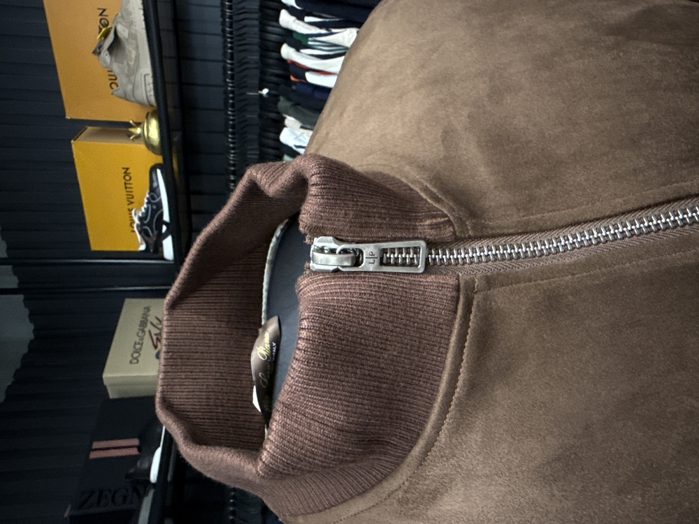 Outlet ürünü İthal Lora Piana Süet Dokulu Çelik Örme Triko Kollu Bomber Mont (1818-Taba)