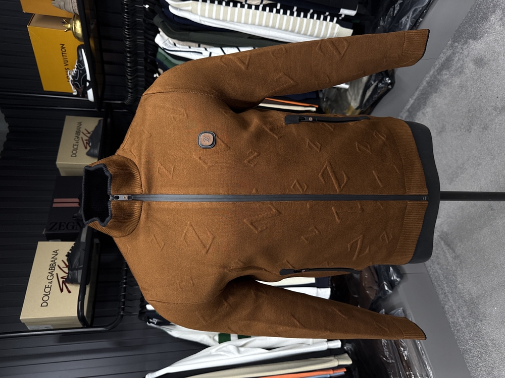 Outlet ürünü İthal Zegna Kabartma Desenli Triko Ceket Mont (Taba) 3434-