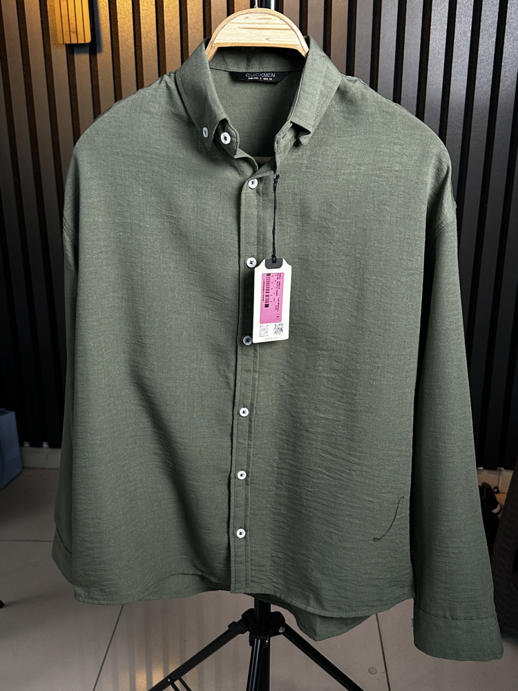Haki Yeşil Oversize Keten Yazlık Özel Seri Gömlek