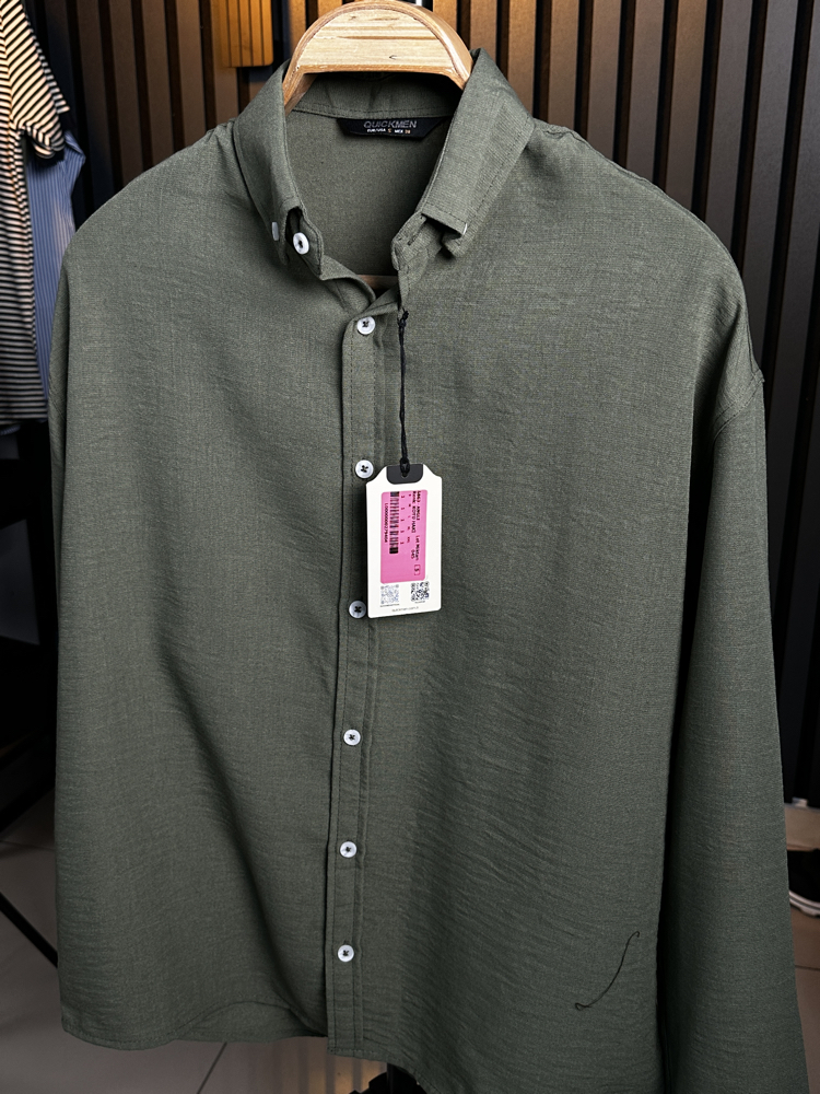 Haki Yeşil Oversize Keten Yazlık Özel Seri Gömlek