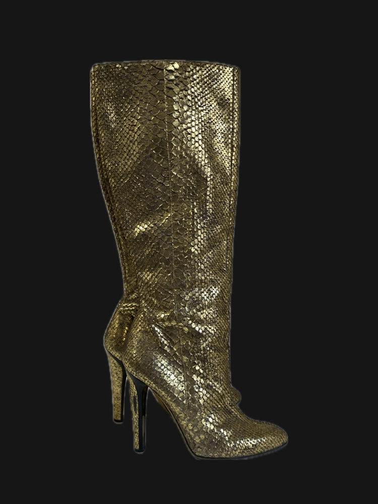 Vintage ‘00s Jimmy Choo Golden Snakeskin Knee High Boot Heels