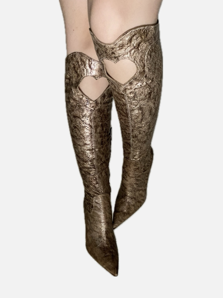 Vintage Heart Cut-out Marginal Leather Heel Boots